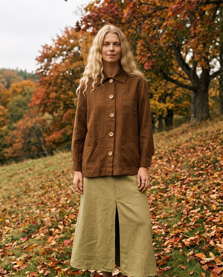 Woman in a brown linen jacket in autumn
