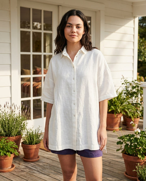 The Clothesline Camp Shirt in White, front view