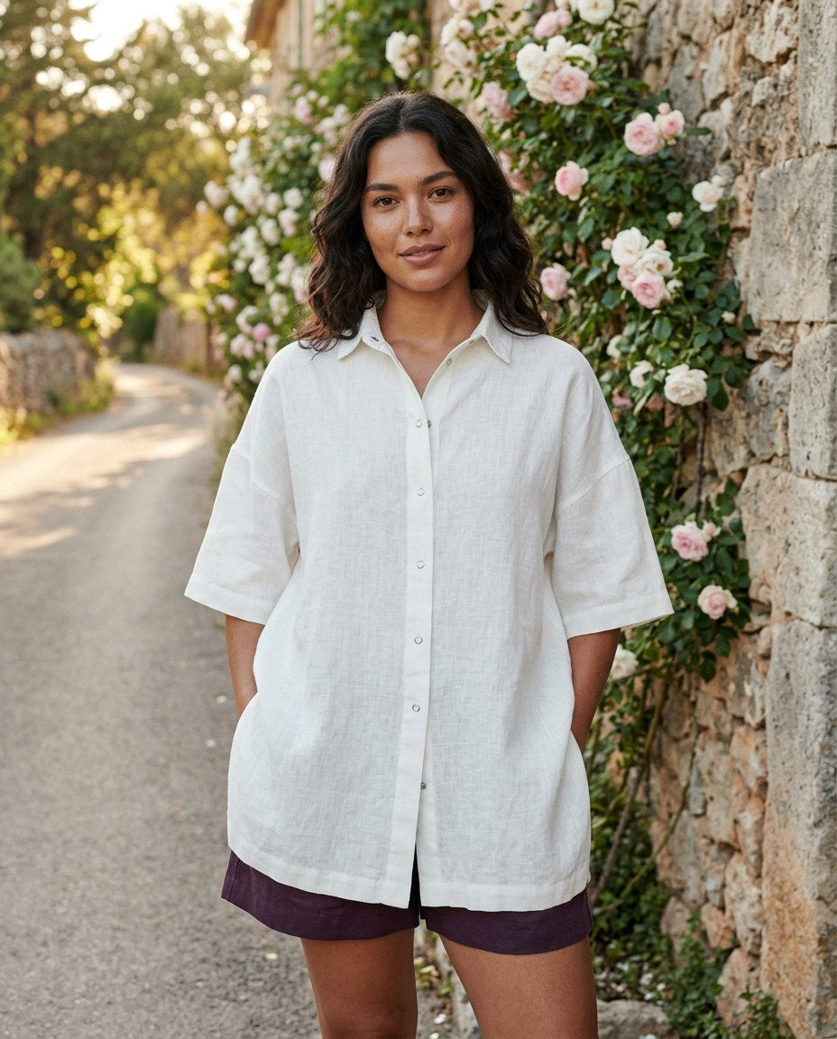 The Clothesline Camp Shirt in White, lifestyle