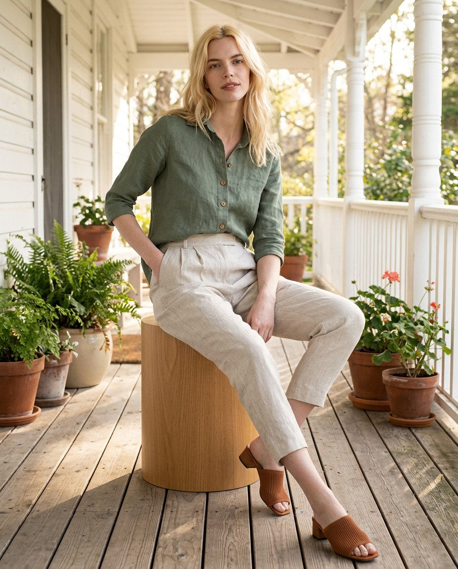 The Commuter Tapered Trouser in Natural, front view