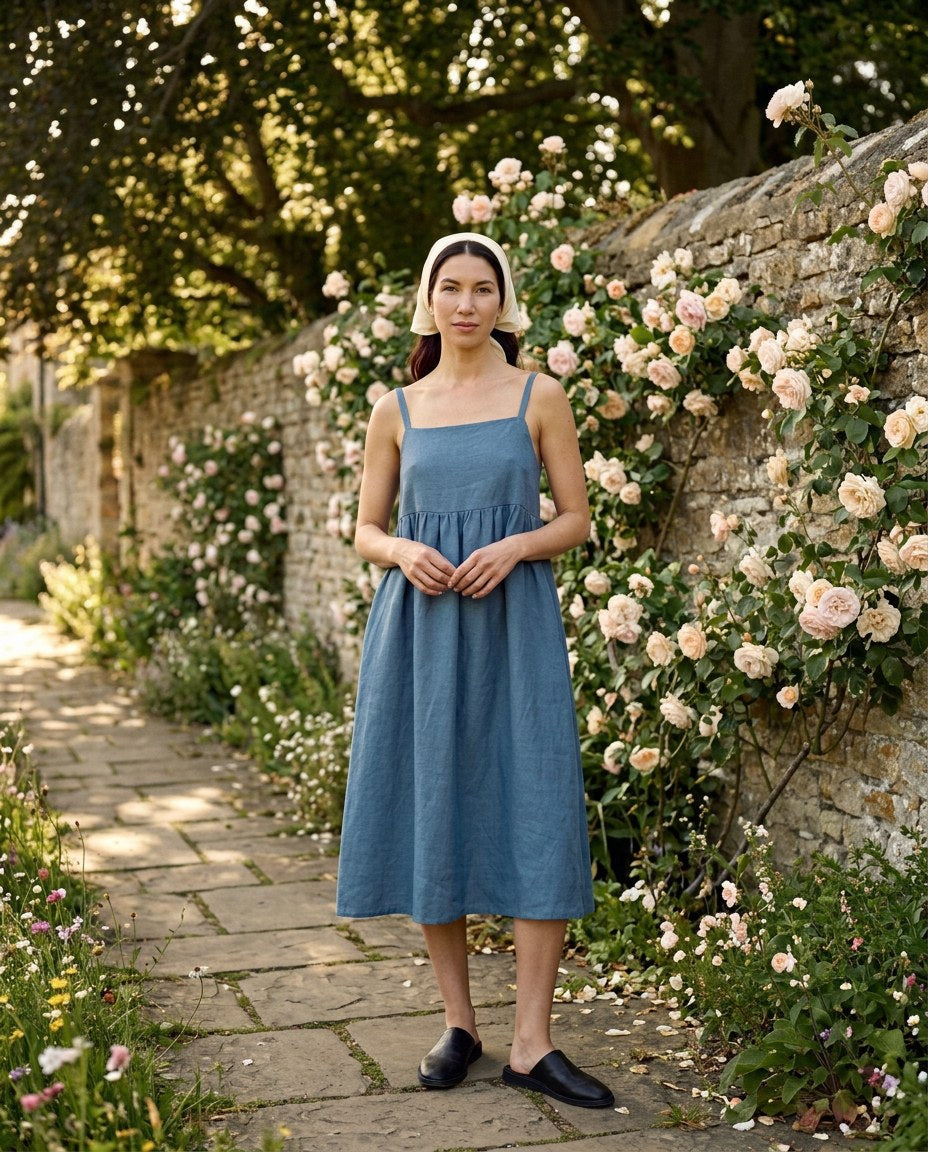 The Creekside Smock Midi in Chambray Blue, front view