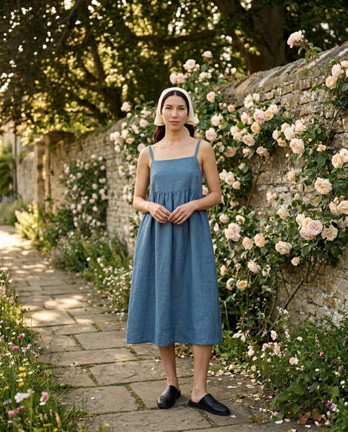 The Creekside Smock Midi in Chambray Blue, front view