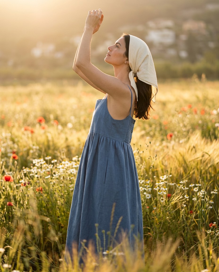 The Creekside Smock Midi in Chambray Blue, lifestyle