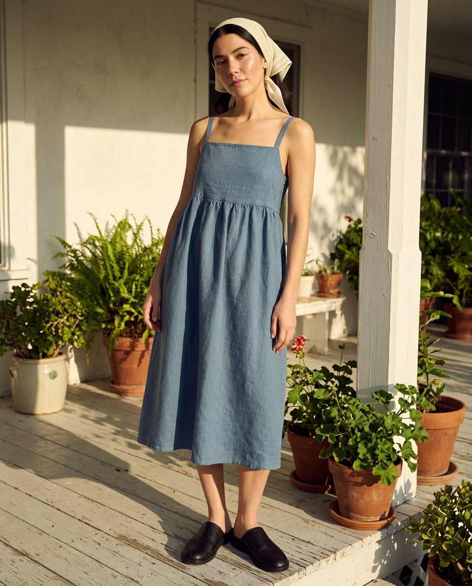 The Creekside Smock Midi in Chambray Blue, lifestyle