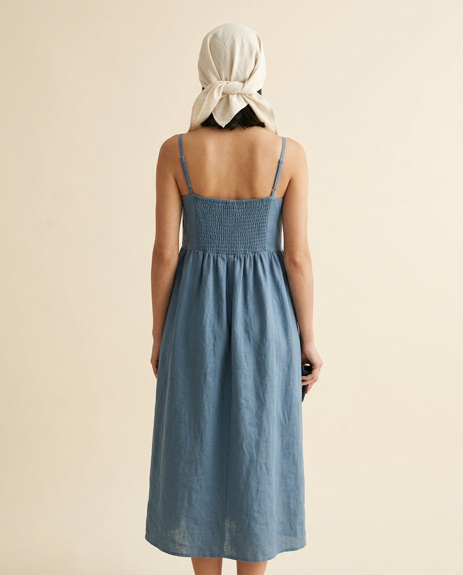 The Creekside Smock Midi in Chambray Blue, back view