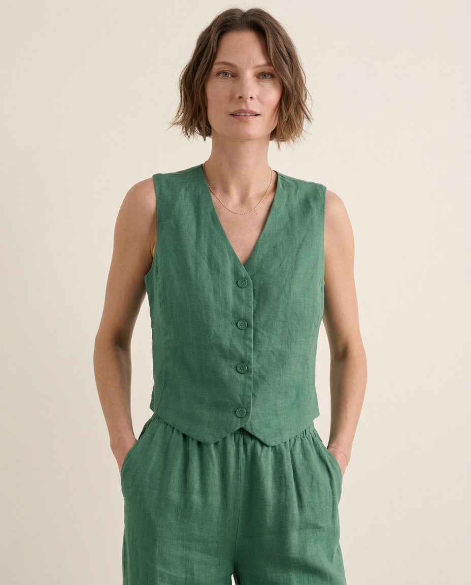 The Garden Vest in Juniper Green, front view