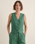 The Garden Vest in Juniper Green, front view