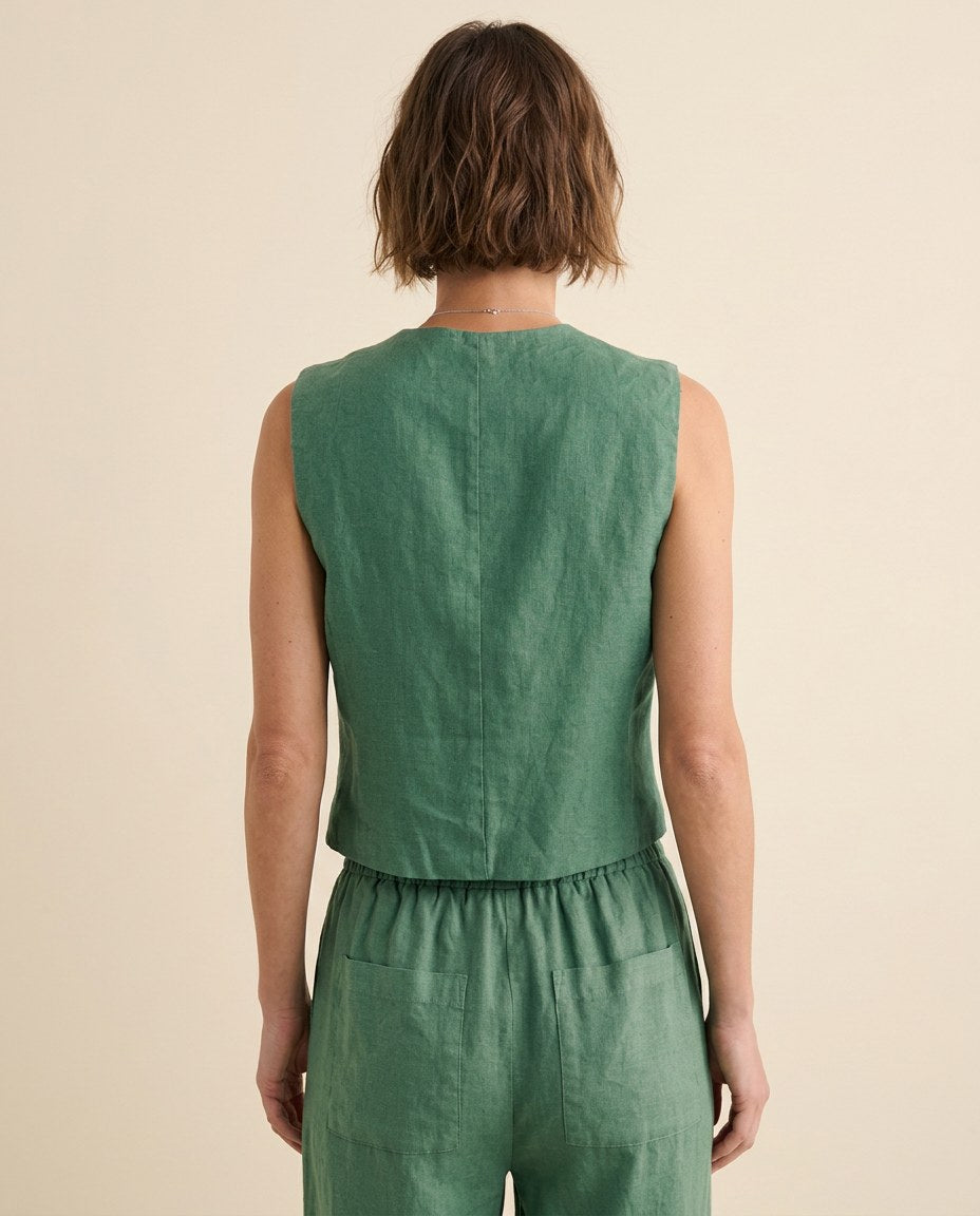 The Garden Vest in Juniper Green, back view