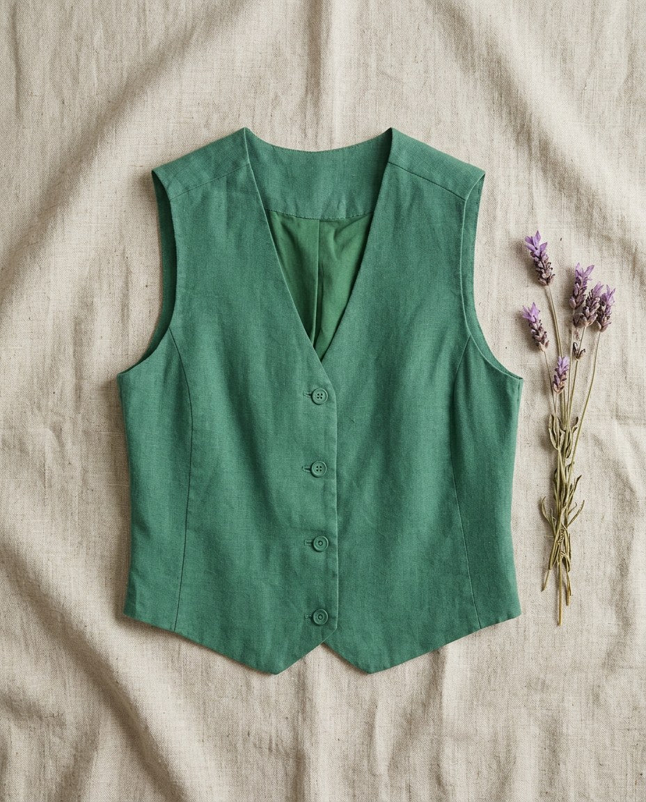 The Garden Vest in Juniper Green, flat lay