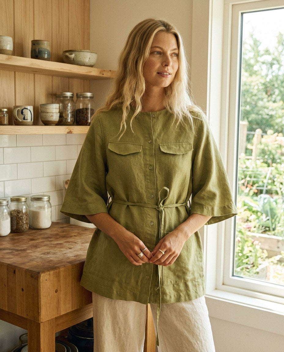 The Grove Belted Overshirt in Olive, front view