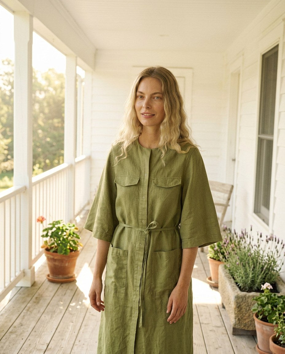 The Grove Belted Overshirt in Olive, lifestyle