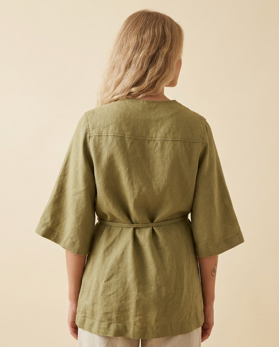 The Grove Belted Overshirt in Olive, back view