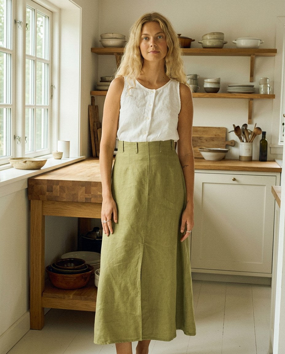 The Meadow Maxi Skirt in Olive, front view