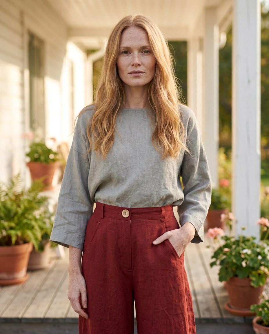 The Orchard Wide-Leg Pant in Brick, detail