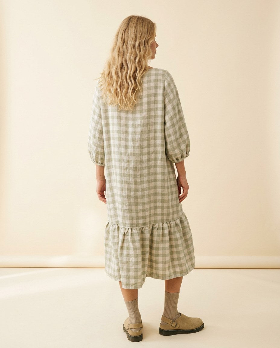 The Picnic Gingham Midi in Sage Gingham, back view