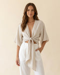 The Riverbank Tie-Front Blouse in Oat, front view