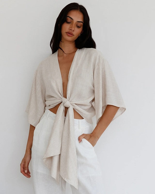 The Riverbank Tie-Front Blouse in Oat, detail