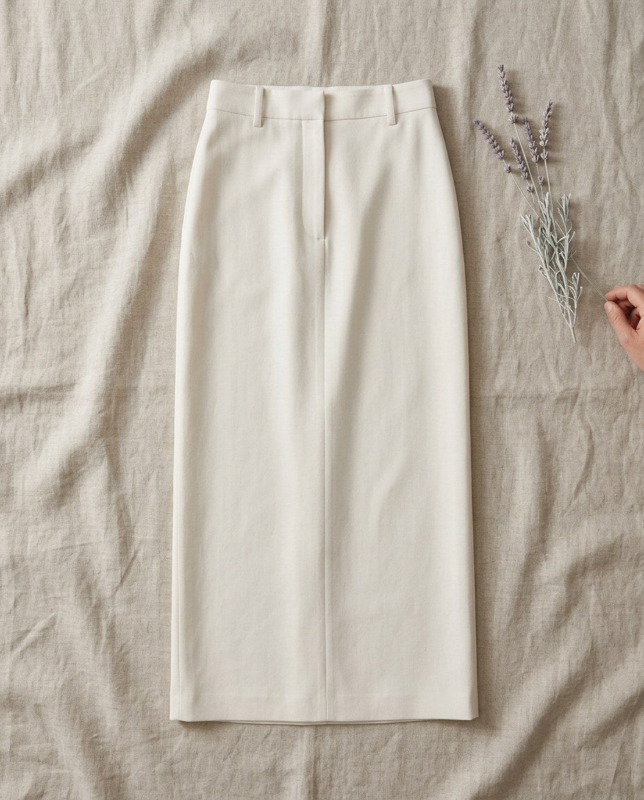 The Steeple Column Skirt in Ivory, flat lay