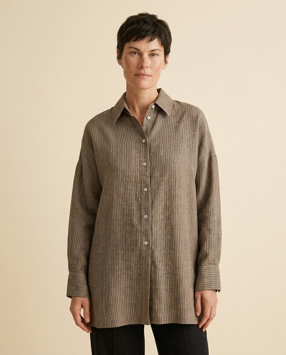 The Ticking Stripe Shirt in Brown Stripe, front view