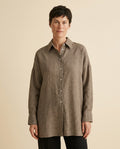 The Ticking Stripe Shirt in Brown Stripe, front view