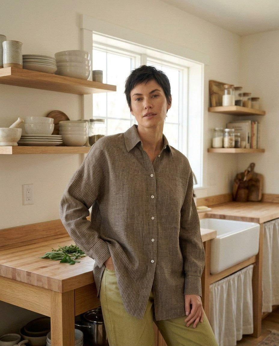 The Ticking Stripe Shirt in Brown Stripe, lifestyle