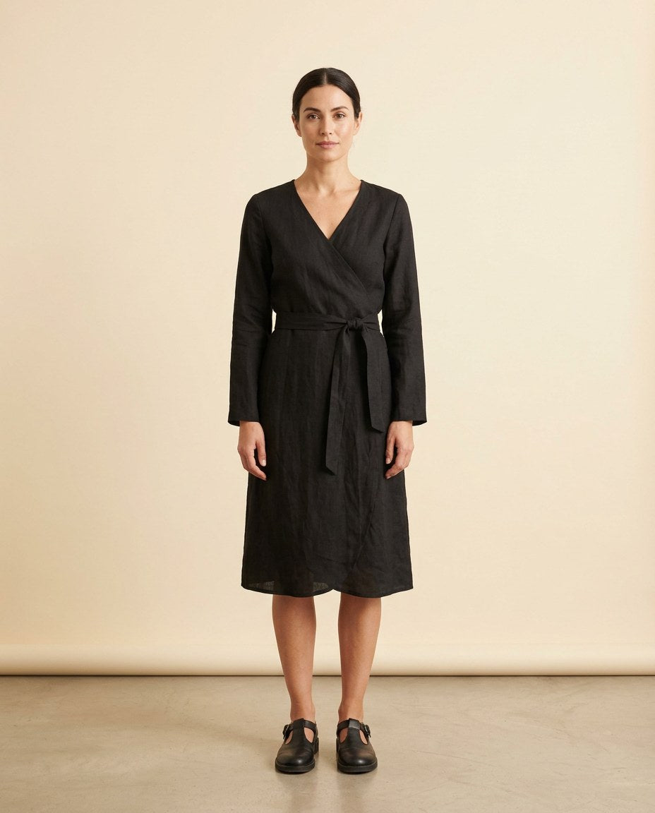 The Vesper Wrap Midi in Black, front view