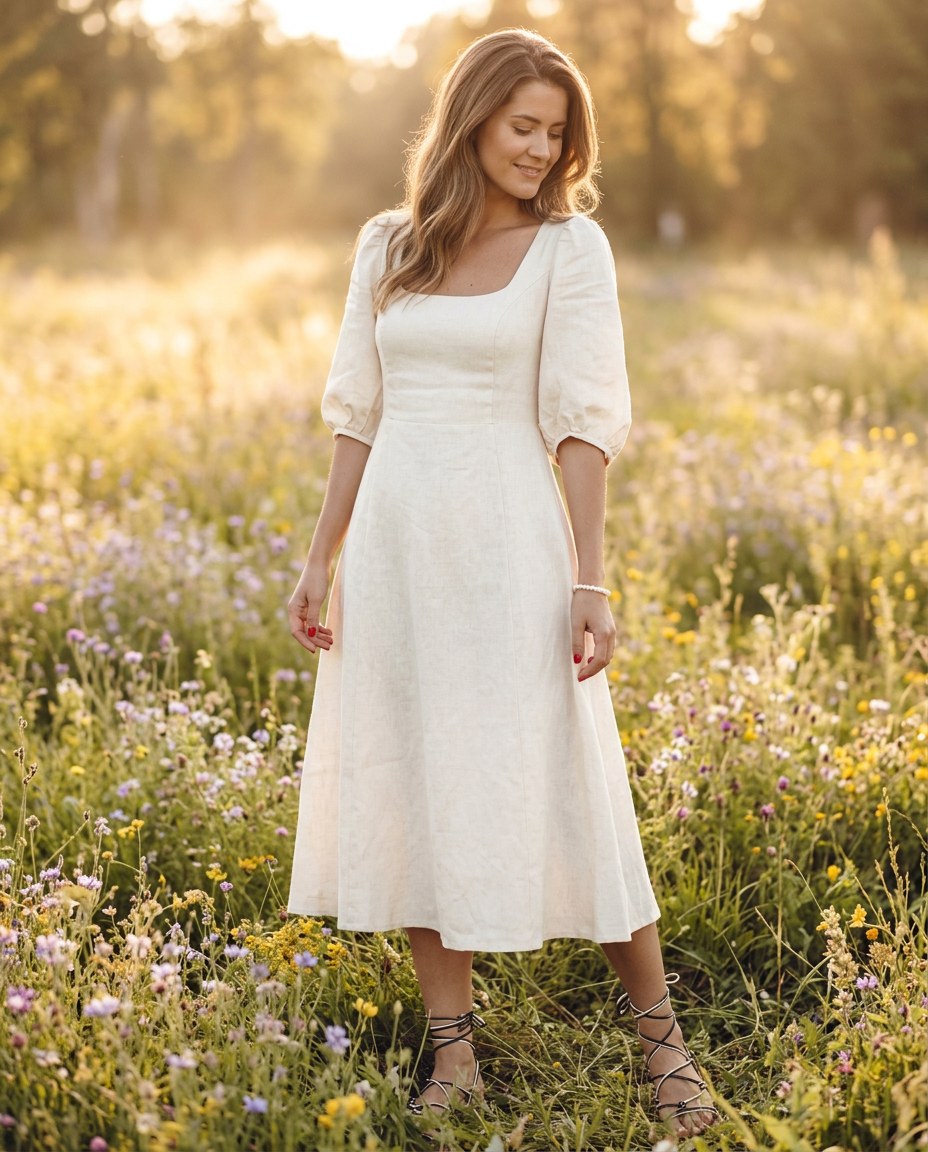 The Villa Puff-Sleeve Midi in Ivory, lifestyle