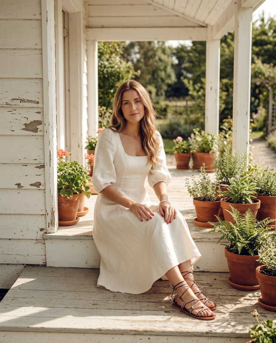 The Villa Puff-Sleeve Midi in Ivory, lifestyle